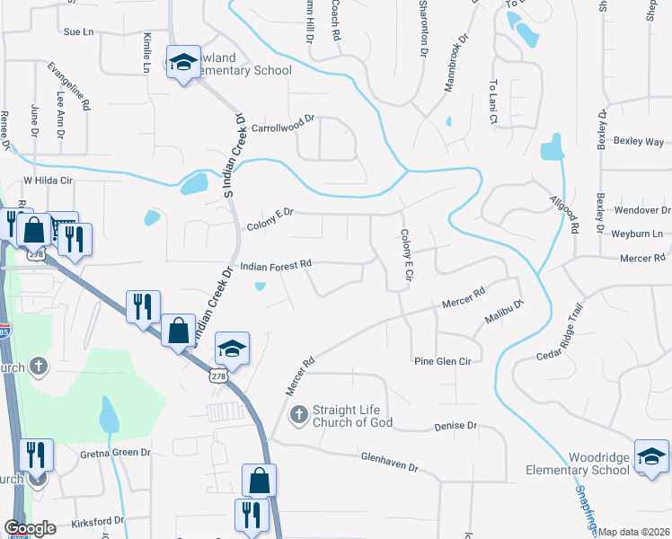 map of restaurants, bars, coffee shops, grocery stores, and more near 4263 Indian Forest Road in Stone Mountain