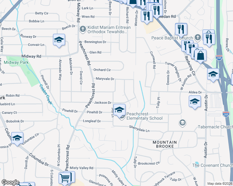 map of restaurants, bars, coffee shops, grocery stores, and more near 3520 Cobb Court in Decatur