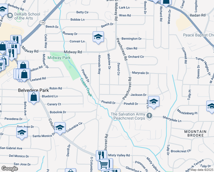 map of restaurants, bars, coffee shops, grocery stores, and more near 1453 Midview Drive in Decatur