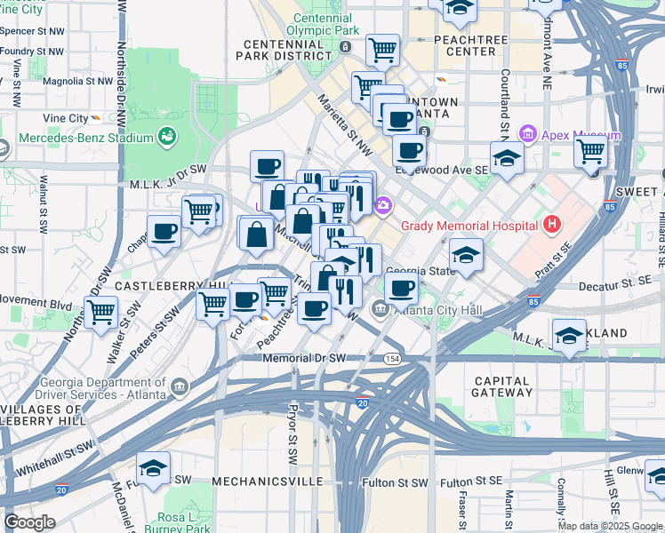 map of restaurants, bars, coffee shops, grocery stores, and more near 158 Peachtree Street Southwest in Atlanta