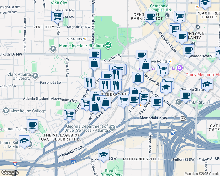 map of restaurants, bars, coffee shops, grocery stores, and more near 140 Walker Street Southwest in Atlanta