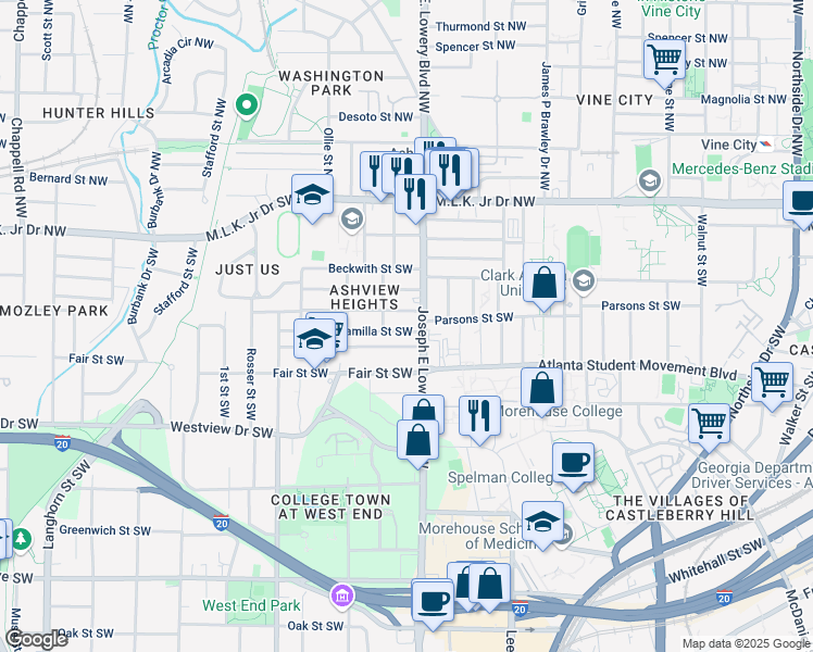 map of restaurants, bars, coffee shops, grocery stores, and more near 937 Camilla Street Southwest in Atlanta