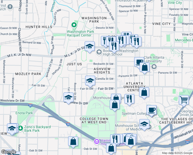 map of restaurants, bars, coffee shops, grocery stores, and more near 1027 Ashby Grove Southwest in Atlanta