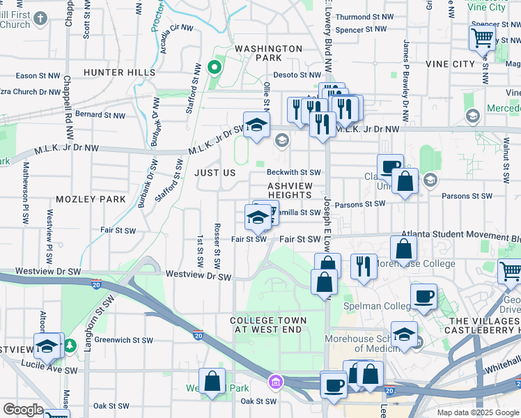 map of restaurants, bars, coffee shops, grocery stores, and more near 1031 Camilla Street Southwest in Atlanta