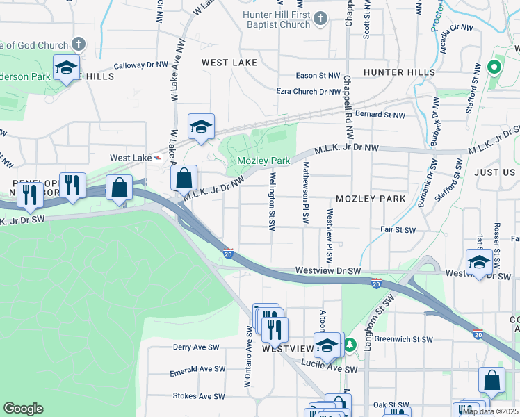 map of restaurants, bars, coffee shops, grocery stores, and more near 1576 Archer Street Southwest in Atlanta