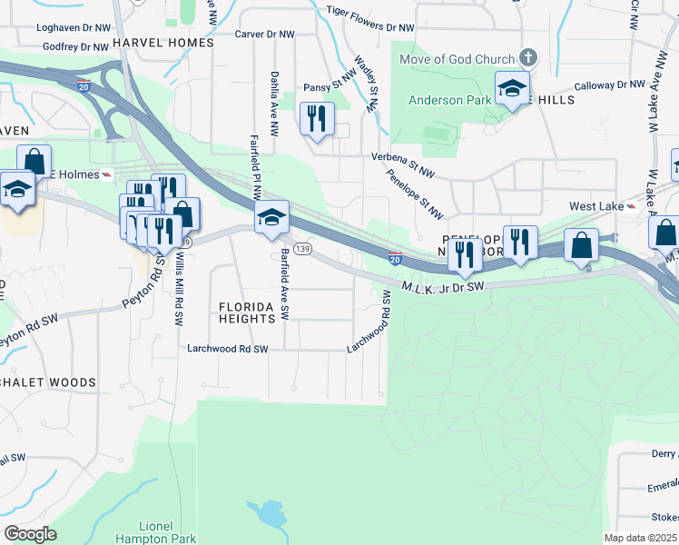 map of restaurants, bars, coffee shops, grocery stores, and more near 2167 Telhurst Street Southwest in Atlanta