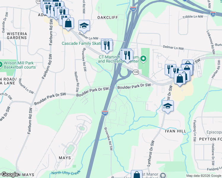 map of restaurants, bars, coffee shops, grocery stores, and more near Boulder Park Drive Southwest in Atlanta