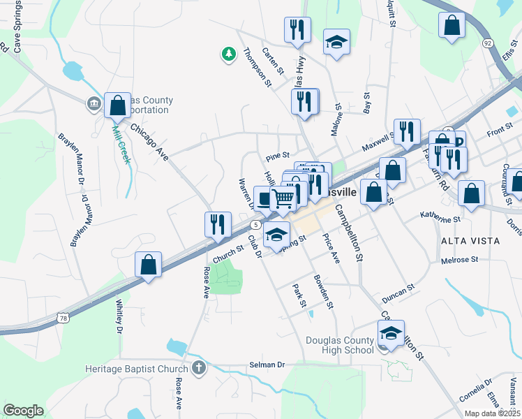 map of restaurants, bars, coffee shops, grocery stores, and more near 6784 U.S. 78 in Douglasville