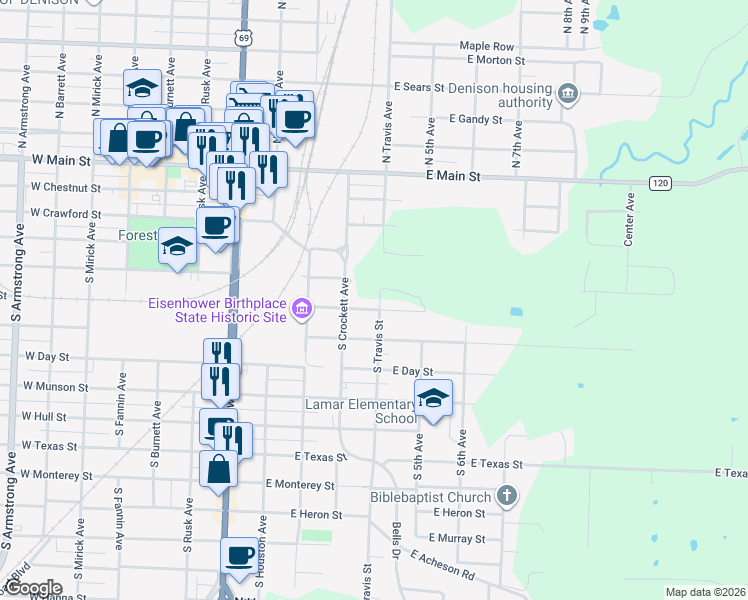 map of restaurants, bars, coffee shops, grocery stores, and more near 330 East Nelson Street in Denison