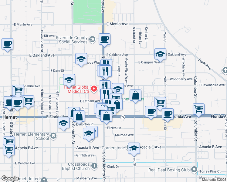 map of restaurants, bars, coffee shops, grocery stores, and more near 1440 Calhoun Court in Hemet