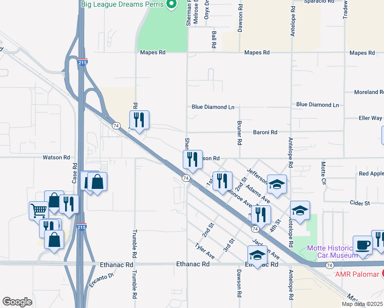 map of restaurants, bars, coffee shops, grocery stores, and more near 27528 Monroe Avenue in Menifee