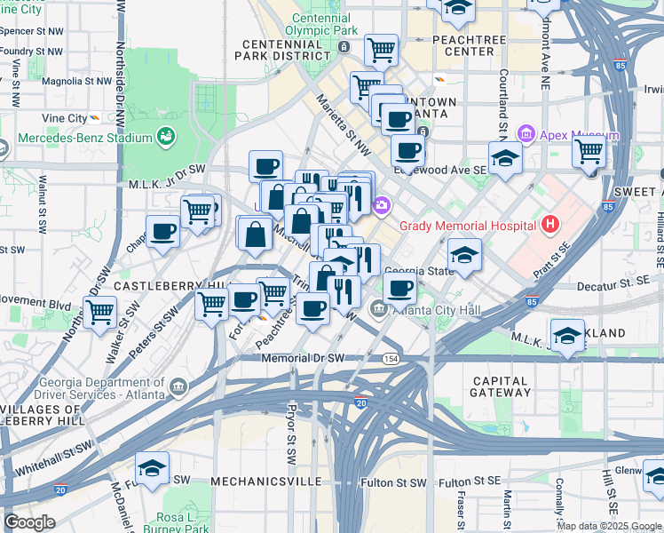map of restaurants, bars, coffee shops, grocery stores, and more near 142 Mitchell Street Southwest in Atlanta