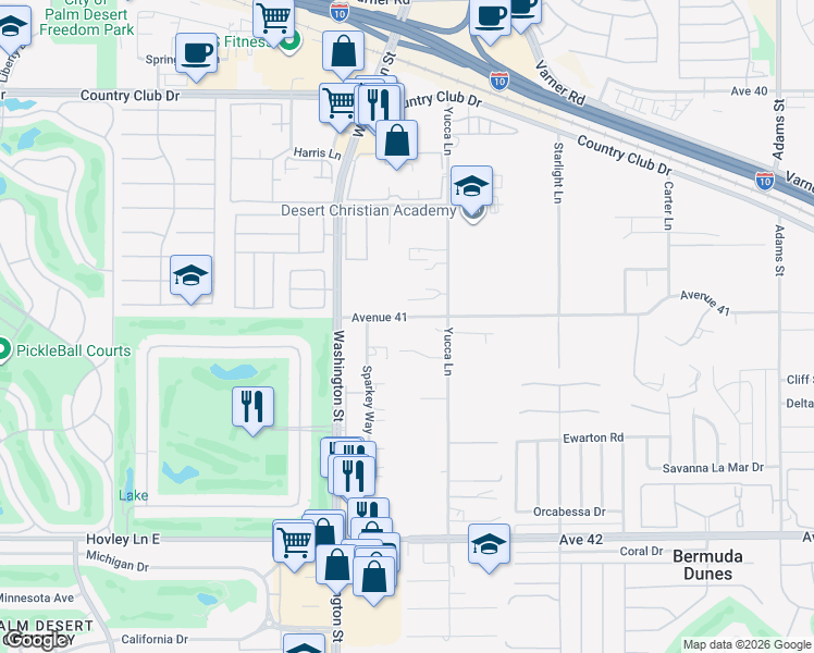 map of restaurants, bars, coffee shops, grocery stores, and more near 78157 Avenue 41 in Bermuda Dunes