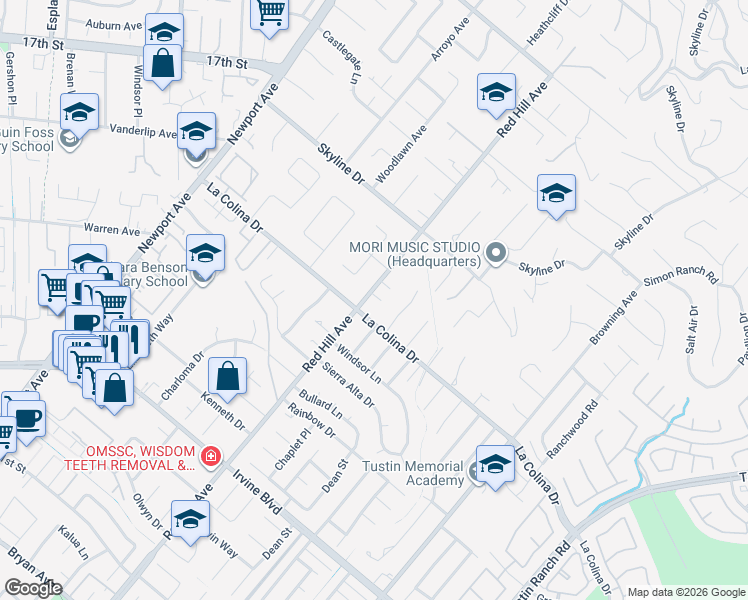 map of restaurants, bars, coffee shops, grocery stores, and more near 1531 La Colina Drive in Santa Ana
