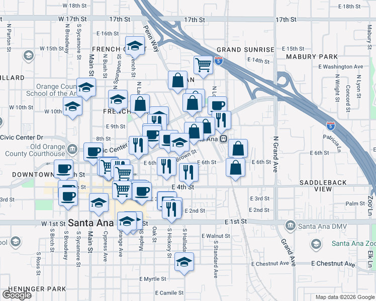 map of restaurants, bars, coffee shops, grocery stores, and more near 902 Brown Street in Santa Ana