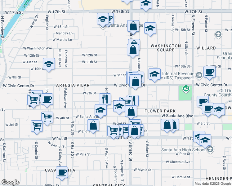 map of restaurants, bars, coffee shops, grocery stores, and more near 1333 West 6th Street in Santa Ana