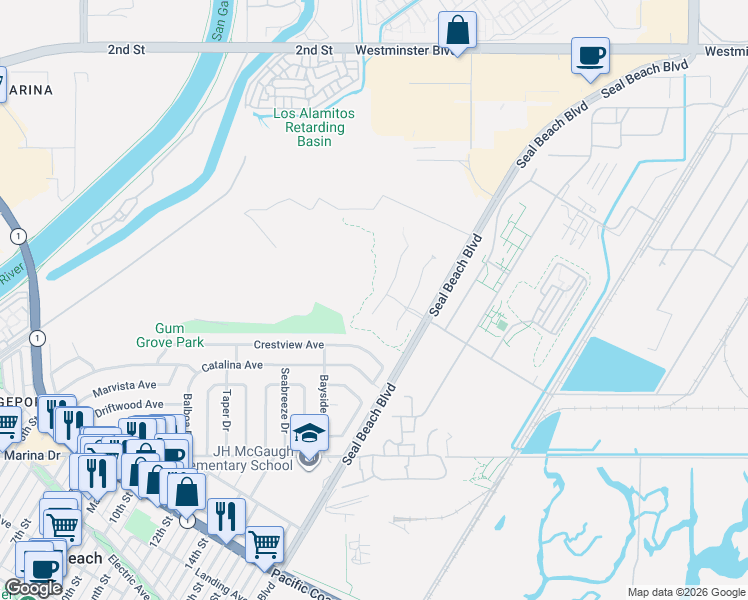 map of restaurants, bars, coffee shops, grocery stores, and more near 901 Blue Heron in Seal Beach