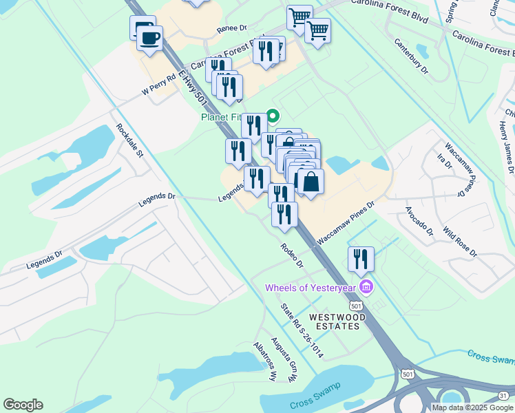 map of restaurants, bars, coffee shops, grocery stores, and more near 67 Rodeo Drive in Myrtle Beach