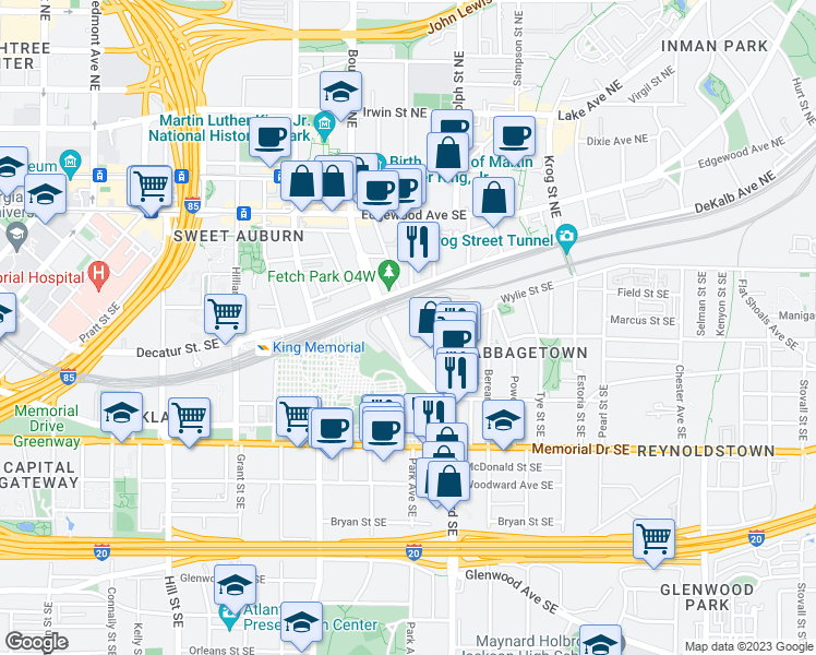 map of restaurants, bars, coffee shops, grocery stores, and more near 170 Boulevard Southeast in Atlanta