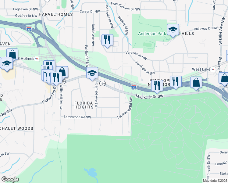 map of restaurants, bars, coffee shops, grocery stores, and more near 2167 Telhurst Street Southwest in Atlanta