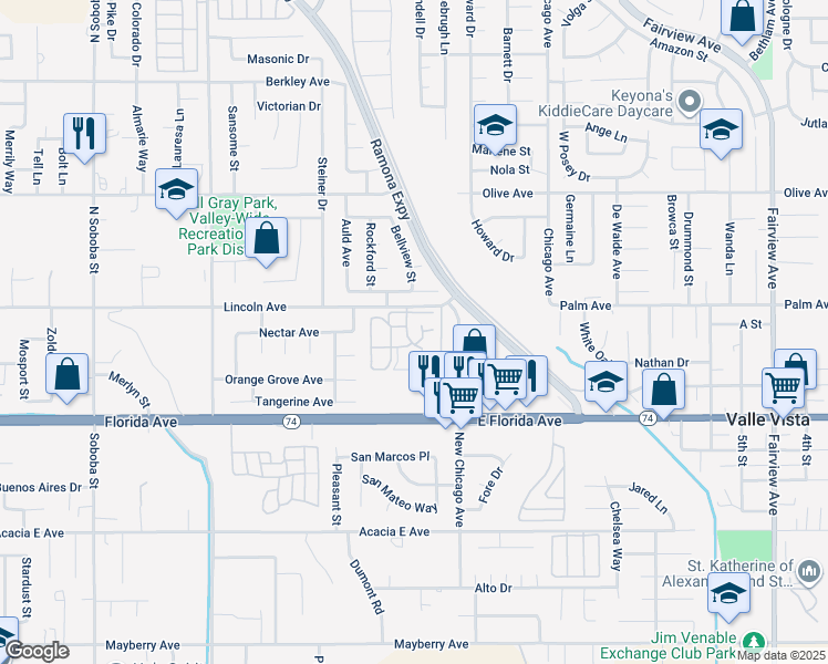 map of restaurants, bars, coffee shops, grocery stores, and more near 25604 Sharp Drive in Hemet
