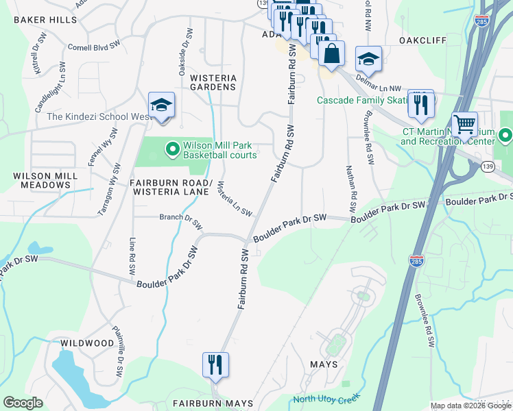 map of restaurants, bars, coffee shops, grocery stores, and more near 187 Fairburn Road Southwest in Atlanta