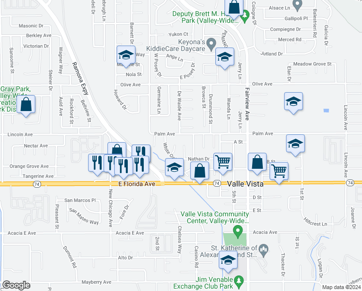 map of restaurants, bars, coffee shops, grocery stores, and more near 25557 Orangewood Lane in Hemet
