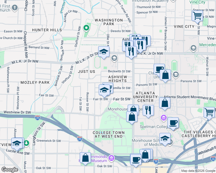 map of restaurants, bars, coffee shops, grocery stores, and more near 1019 Camilla Street Southwest in Atlanta