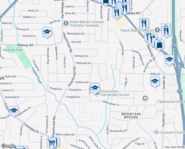 map of restaurants, bars, coffee shops, grocery stores, and more near 3520 Cobb Court in Decatur