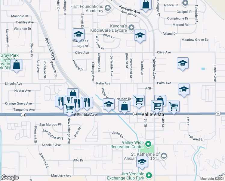 map of restaurants, bars, coffee shops, grocery stores, and more near 25557 Orangewood Lane in Hemet
