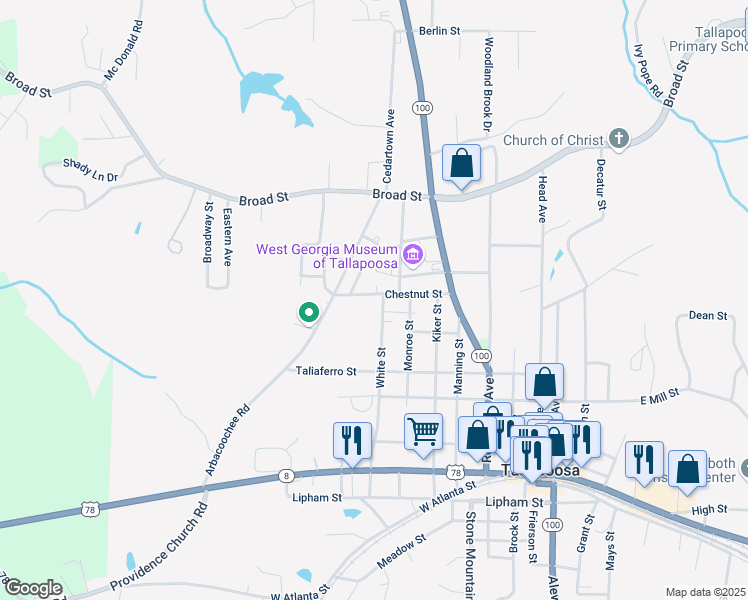 map of restaurants, bars, coffee shops, grocery stores, and more near 307 White Street in Tallapoosa