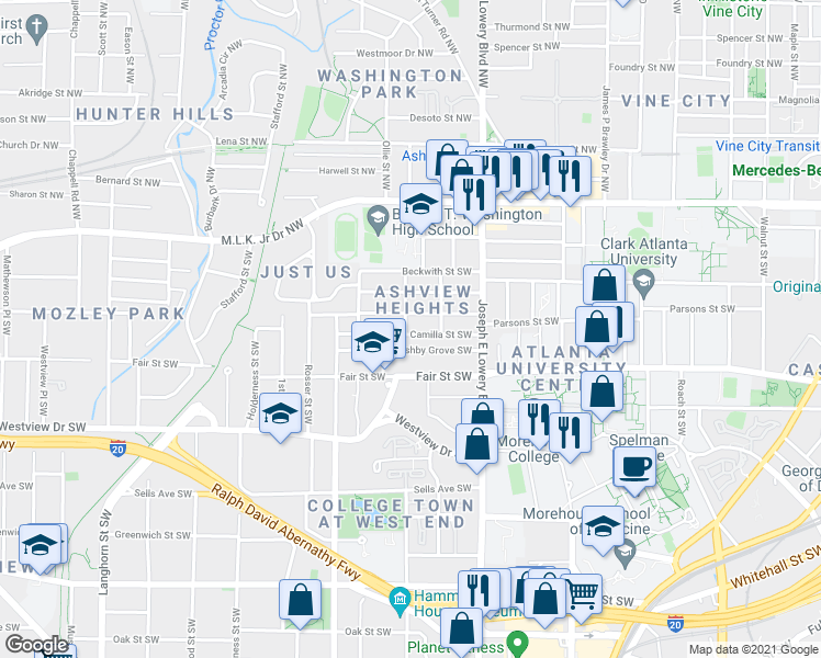 map of restaurants, bars, coffee shops, grocery stores, and more near 999 Camilla Street Southwest in Atlanta