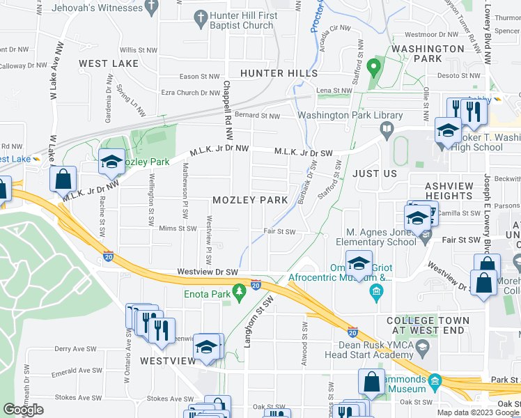 map of restaurants, bars, coffee shops, grocery stores, and more near 165 Chicamauga Place Southwest in Atlanta