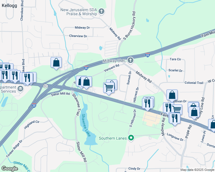 map of restaurants, bars, coffee shops, grocery stores, and more near 5012 Elowen Lane in Douglasville