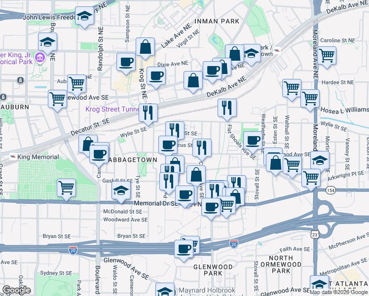 map of restaurants, bars, coffee shops, grocery stores, and more near 815 Marcus Street Southeast in Atlanta