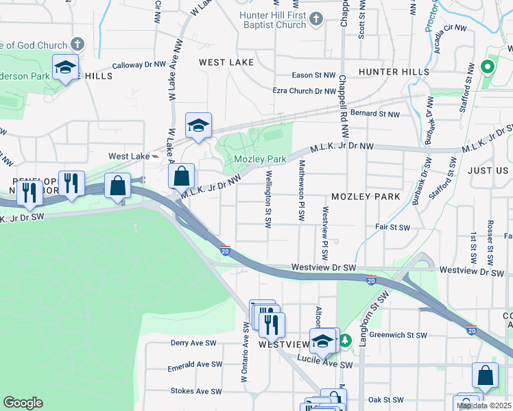 map of restaurants, bars, coffee shops, grocery stores, and more near 1576 Archer Street Southwest in Atlanta