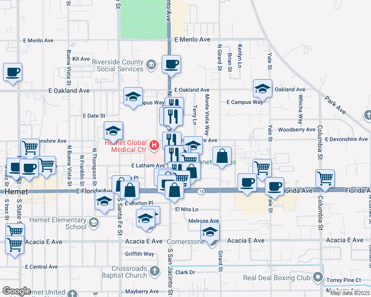 map of restaurants, bars, coffee shops, grocery stores, and more near 1440 Calhoun Court in Hemet