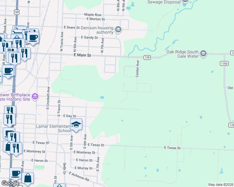 map of restaurants, bars, coffee shops, grocery stores, and more near 1090 East Shepherd Street in Denison
