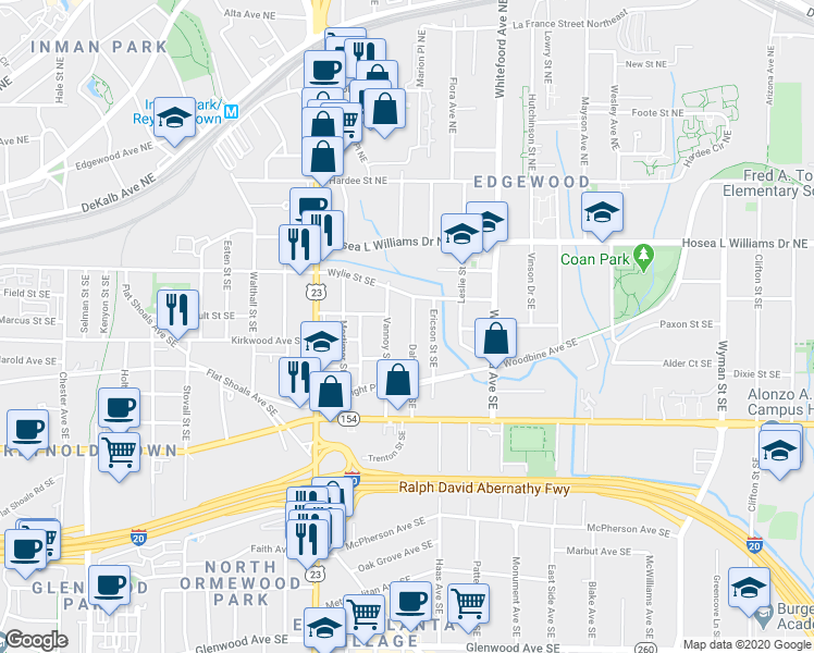 map of restaurants, bars, coffee shops, grocery stores, and more near 105 Dahlgren Street Southeast in Atlanta