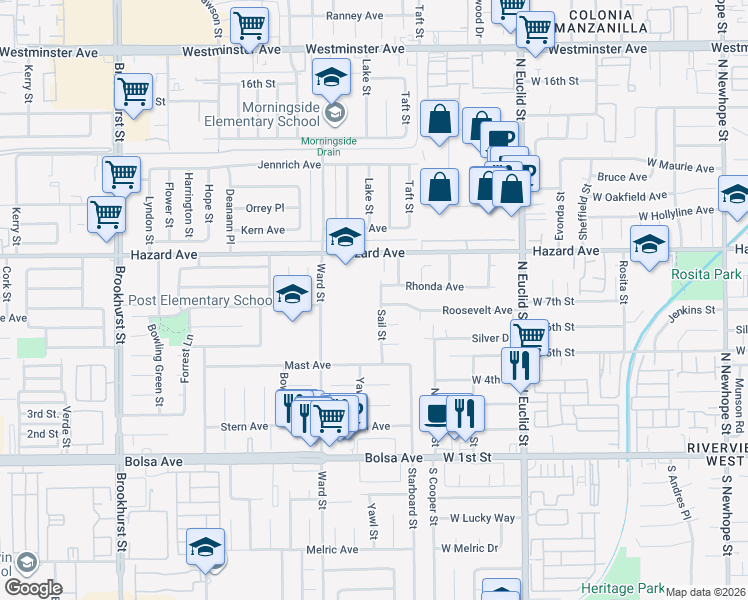 map of restaurants, bars, coffee shops, grocery stores, and more near 14611 Sail Street in Garden Grove