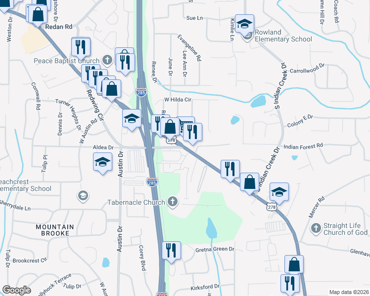 map of restaurants, bars, coffee shops, grocery stores, and more near Covington Highway & Redwing Circle in Decatur