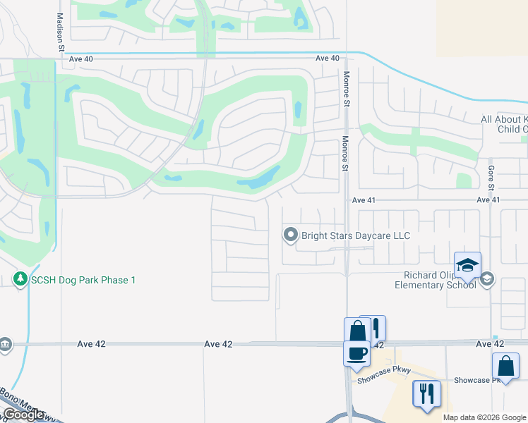 map of restaurants, bars, coffee shops, grocery stores, and more near 41073 Calle Pueblo in Indio