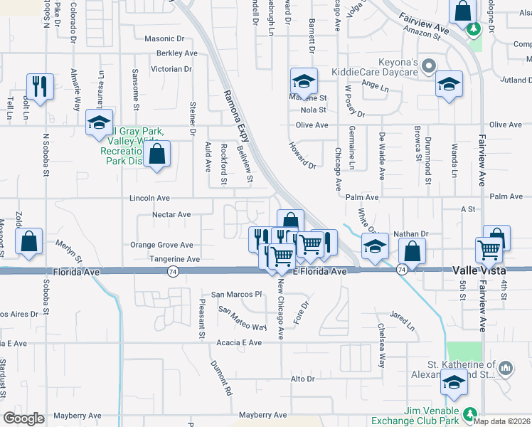 map of restaurants, bars, coffee shops, grocery stores, and more near 25584 Sharp Drive in Hemet
