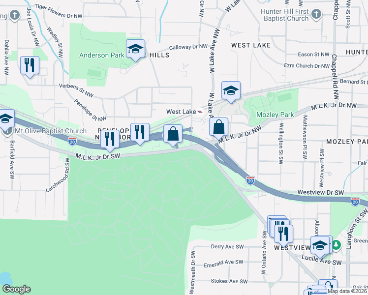 map of restaurants, bars, coffee shops, grocery stores, and more near 1823 Martin Luther King Junior Drive Southwest in Atlanta