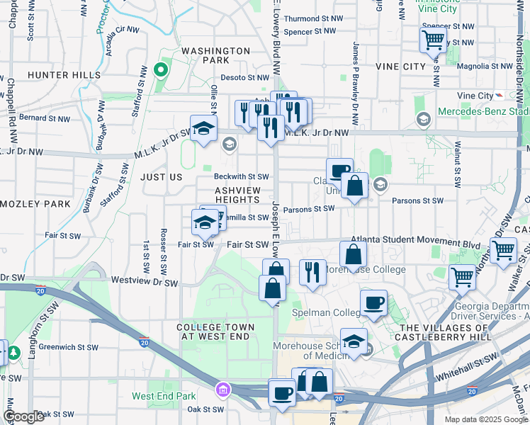 map of restaurants, bars, coffee shops, grocery stores, and more near 937 Camilla Street Southwest in Atlanta