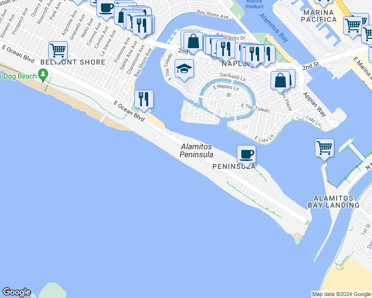 map of restaurants, bars, coffee shops, grocery stores, and more near 20 Laguna Place in Long Beach