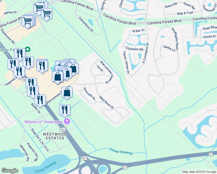 map of restaurants, bars, coffee shops, grocery stores, and more near 558 Plum Court in Myrtle Beach