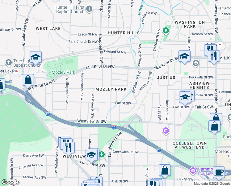 map of restaurants, bars, coffee shops, grocery stores, and more near 165 Chicamauga Place Southwest in Atlanta
