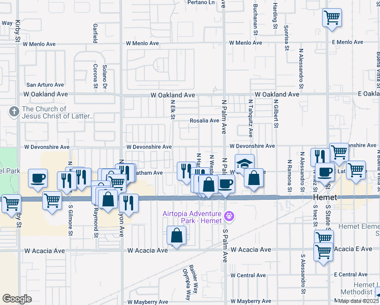 map of restaurants, bars, coffee shops, grocery stores, and more near 274 Valley View Drive in Hemet