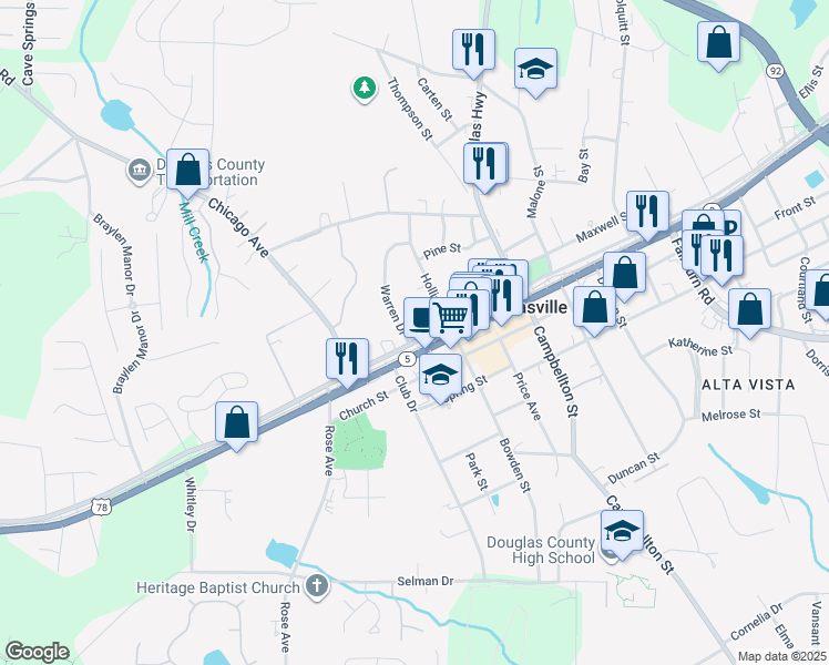 map of restaurants, bars, coffee shops, grocery stores, and more near 6784 U.S. 78 in Douglasville